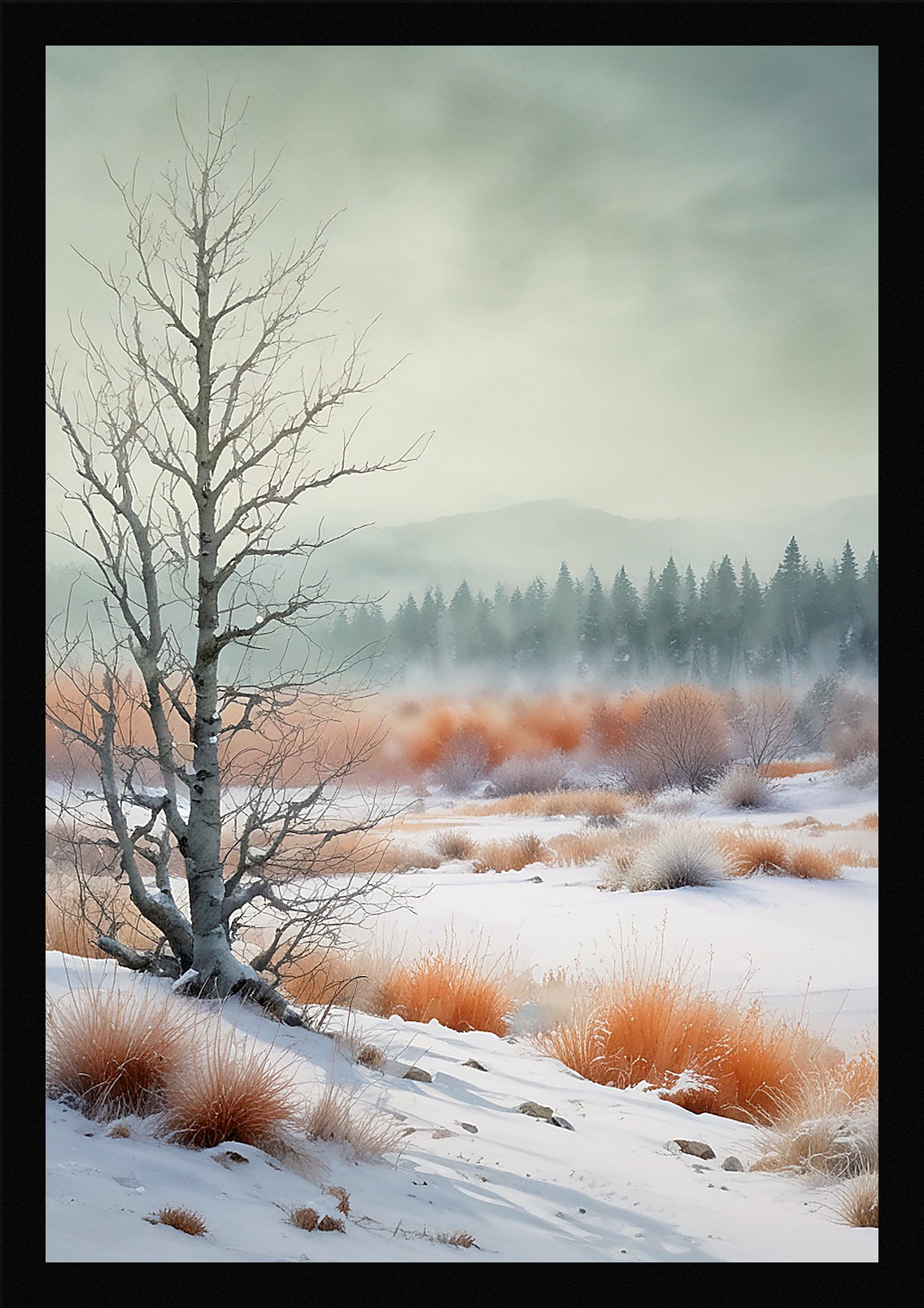 Serene Winter Snowscape Framed Wall Art Poster Canvas Print Picture